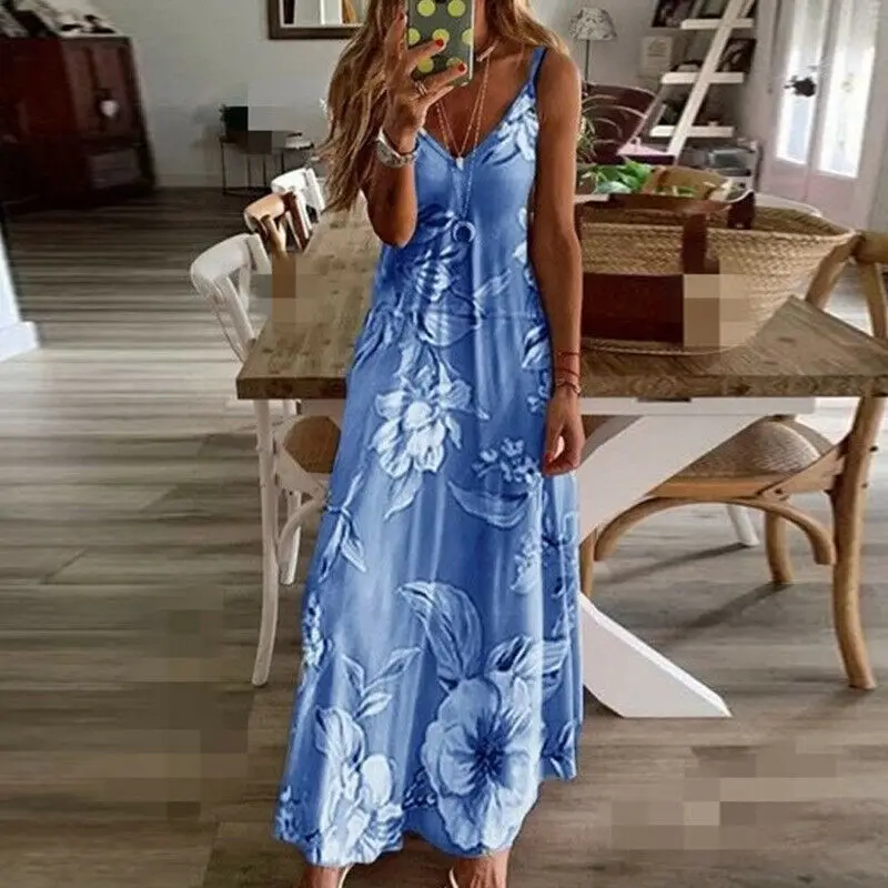 Women Halter V Neck Boho Dress Summer Sleeveless Floral Printed Long Beachwear Sundress 2020 Fashion Plus Size S-3XL | Женская одежда