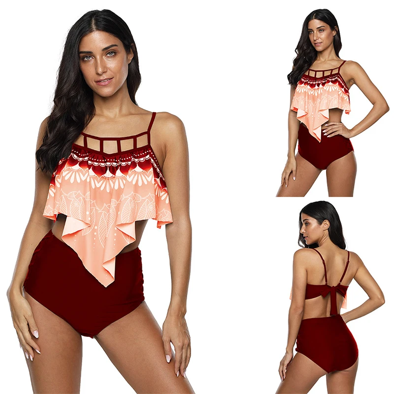 

S-5XL Plus Size Women Swimwear Bikini 2021 Sexy Retro Ruffle Bikini Set Floral Print Tankini Push Up Swimsuit Mujer Bathing Suit