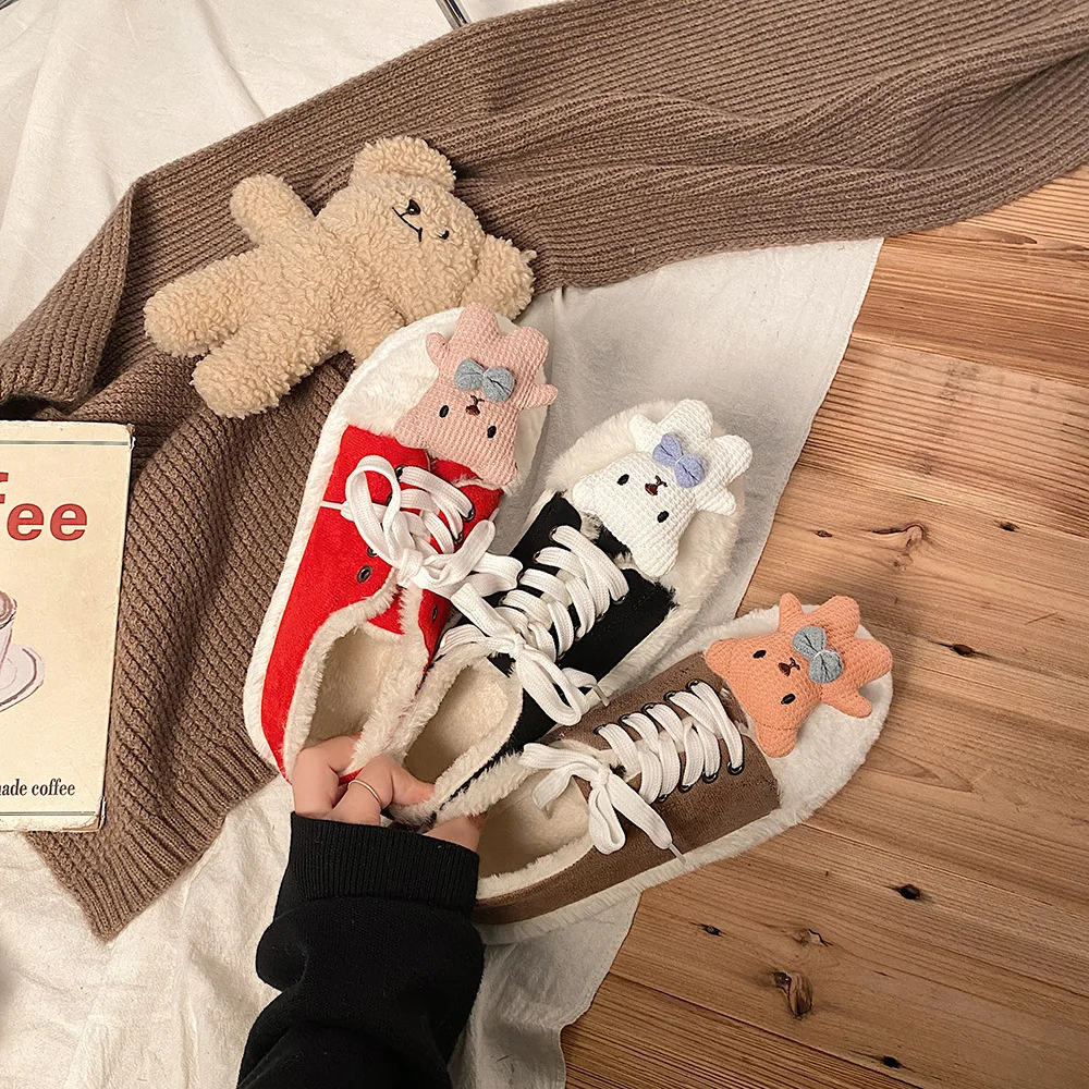 

New Canvas Shoes Cut Bear Women's Top Canvas Shoes Winter Flat Plush Warm Sneakers Ladies Lace-Up Casual Zapatillas Mujer