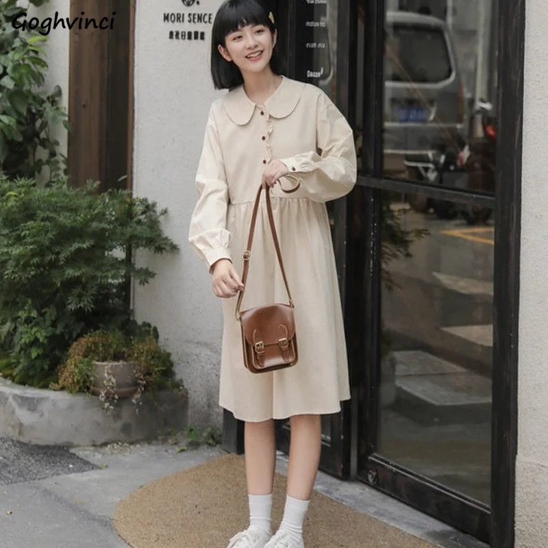 

Dresses Women Sweetie Streetwear Leisure Cozy Ins Tender Vintage Japanese Style Simple Peter Pan Collar College Prevalent Autumn