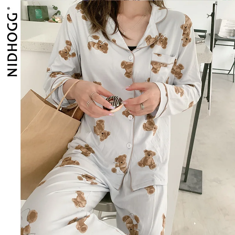

Autumn Couple Pyjama Long Sleeves Modale Cotton Pajamas for Women and Men Cartoon Printing Sexy Nightwear 2 Piece Set Loungewear
