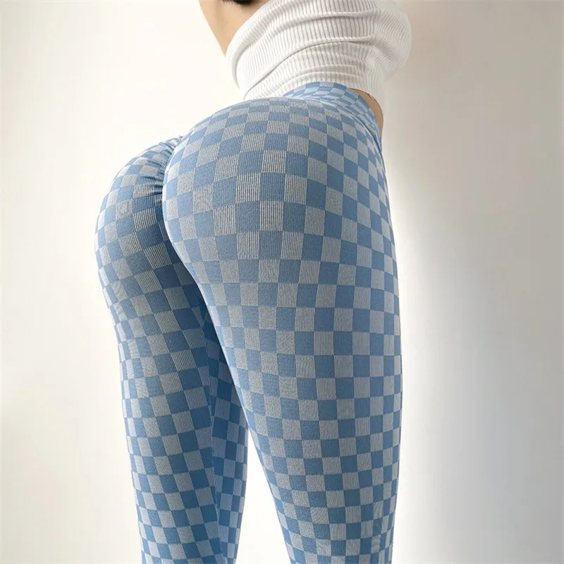 Yoga pants ladies peach pants black and white grid fitness pants high waist hip hip tight running sports leggings and pants