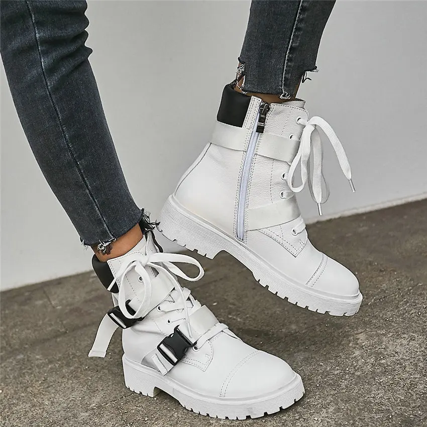 Женские высокие ботинки со шнуровкой в стиле панк из коровьей кожи на низком