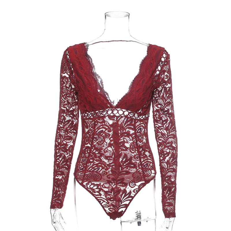 Wine Red Черные женские белые кружевные боди, женские летние боди с открытой спиной и длинным рукавом, обтягивающие сексуальные комбинезоны, женские открытые топы, вечерние топы M0590 - Цвет: Wine Red