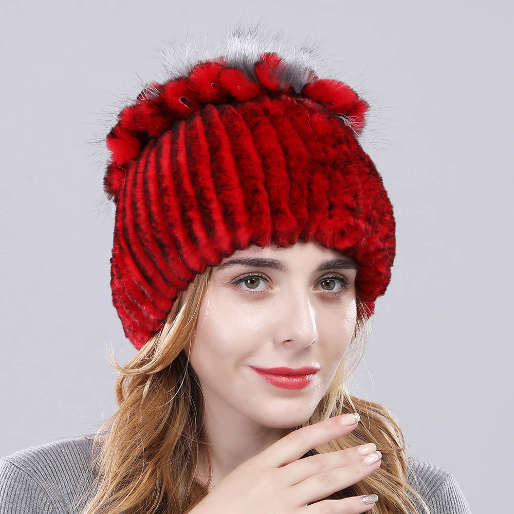 Настоящие Женские шапки из меха кролика рекс Леди ручной вязки в полоску шапка с