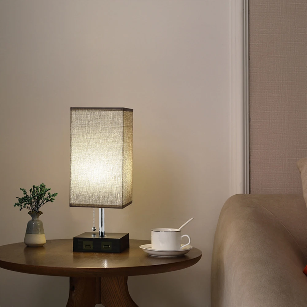 

Pull Rope Switch Home Bedside Office Indoor With USB Charging Port Modern Multifunctional Bedroom Square Fabric Shade Table Lamp