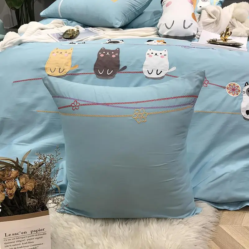 

42 Cotton Cute Cats Blue Bedding Set Queen King size Bed set Fitted sheet Duvet cover Pillows parrure de lit ropa de cama