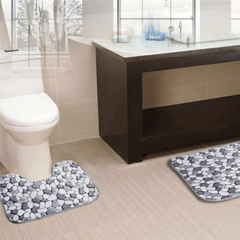 

Bath Mat Thicken Bathroom Mats Carpets Set Stone Print Bathroom Floor Rug Doormat For Shower Room Anti-slip Toilet Rugs