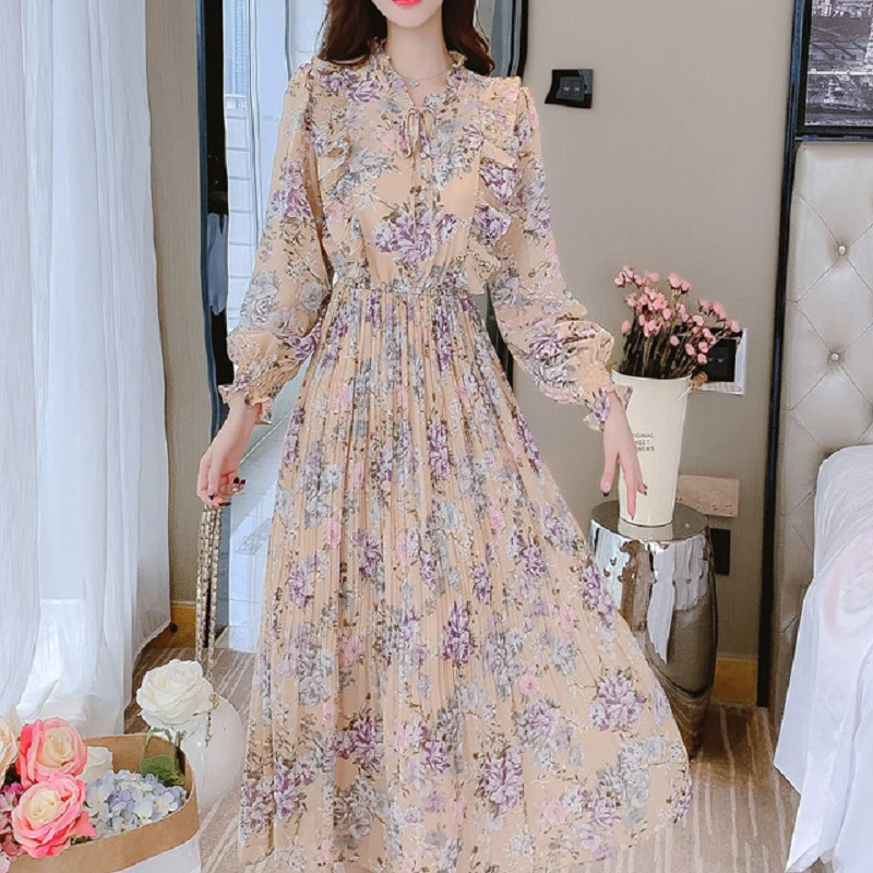 

Elegant Chiffon Dress 2021 Spring Autumn Long Sleeve Floral Dress Ruffled Neck Woman Long Beach Midi Dress Female Vestidos