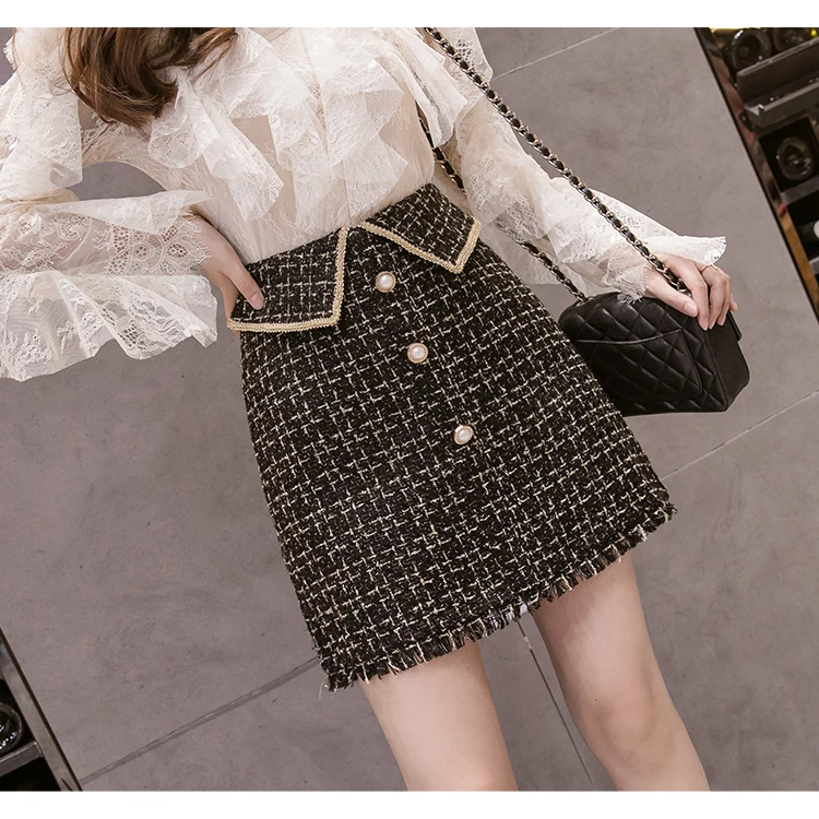 SMTHMA Winter tweed tassel skirts women high waist plaid black women's skirt korean chic mini short skirt faldas mujer moda