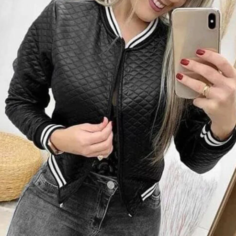 Черный Women Spring Autumn Jackets Long Sleeve Tops Short Basic Jackets Thin Bomber Baseball Coat New Zipper Ladies Outwear D30 - Цвет: Черный