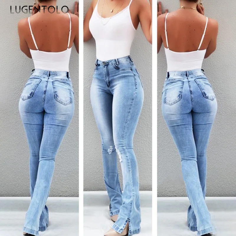 

Sexy Jeans Women High Waist Ripped Fashion Casual Trousers Female Skinny Solid Street Simple Long Jeans Lugentolo