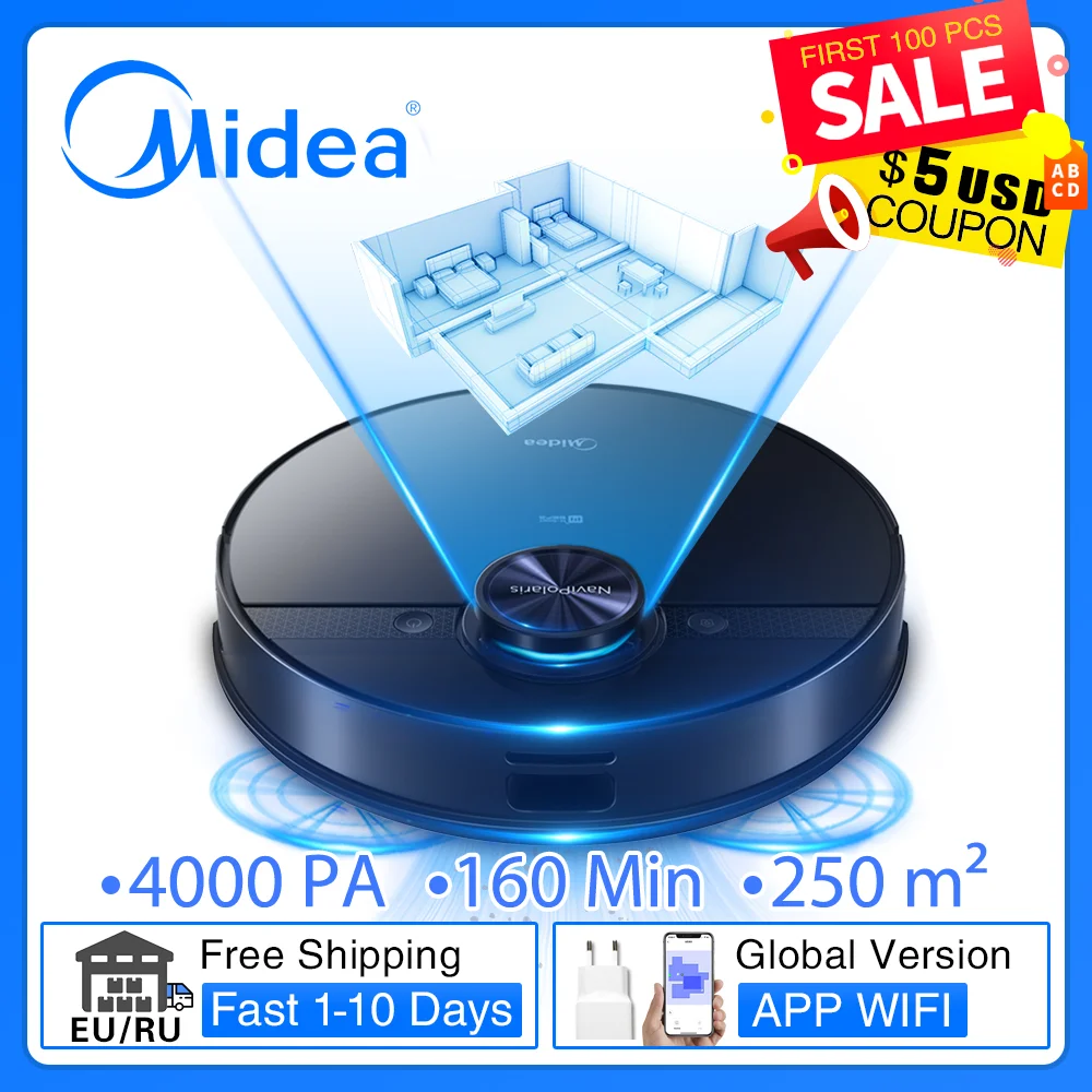 CODE【WOWTOP1800】Робот-пылесос Midea M7 для домашней подметания мытья полов стирки 4000 Па