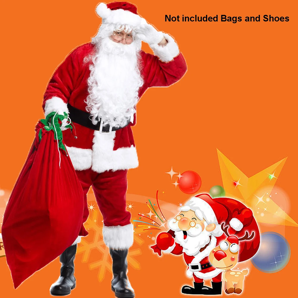 

5Pc Santa Claus Suit Plush Father Christmas Costume Xmas Fancy Dress 100% Polyester Velvet（Hat + beard + top + pants + belt）