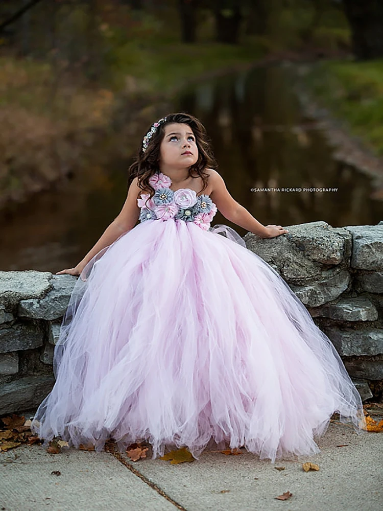 Pink and Grey Flower Girl Tutu Dress Wedding Tulle Girls Dresses Robe Demoiselle Rose Kids Clothes | Детская одежда и обувь