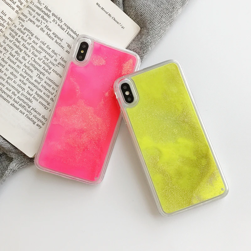 Блестящий светящийся неоновый песок чехол для iphone SE 11 Pro XS MAX XR X 6 6s 7 8 Plus жидкий