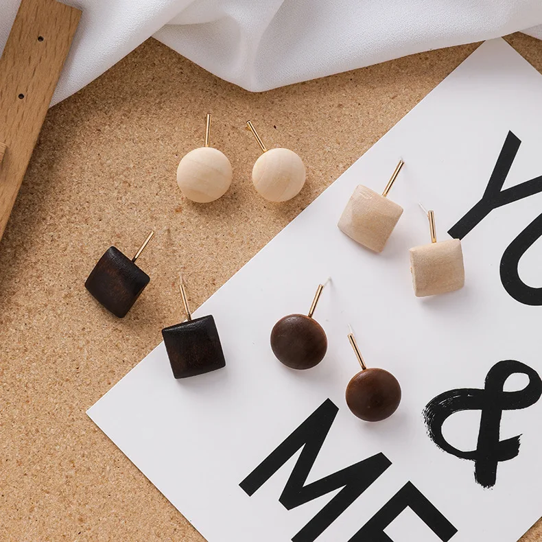 2019 Korean Simple Geometric Wood Handmade Small Stud Earrings for Women Literary Round Square Cute Charm Jewelry Gifts CEL059 | Украшения