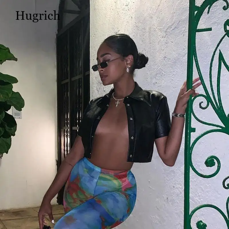 Женская футболка из ПУ кожи с коротким рукавом и пуговицами | одежда