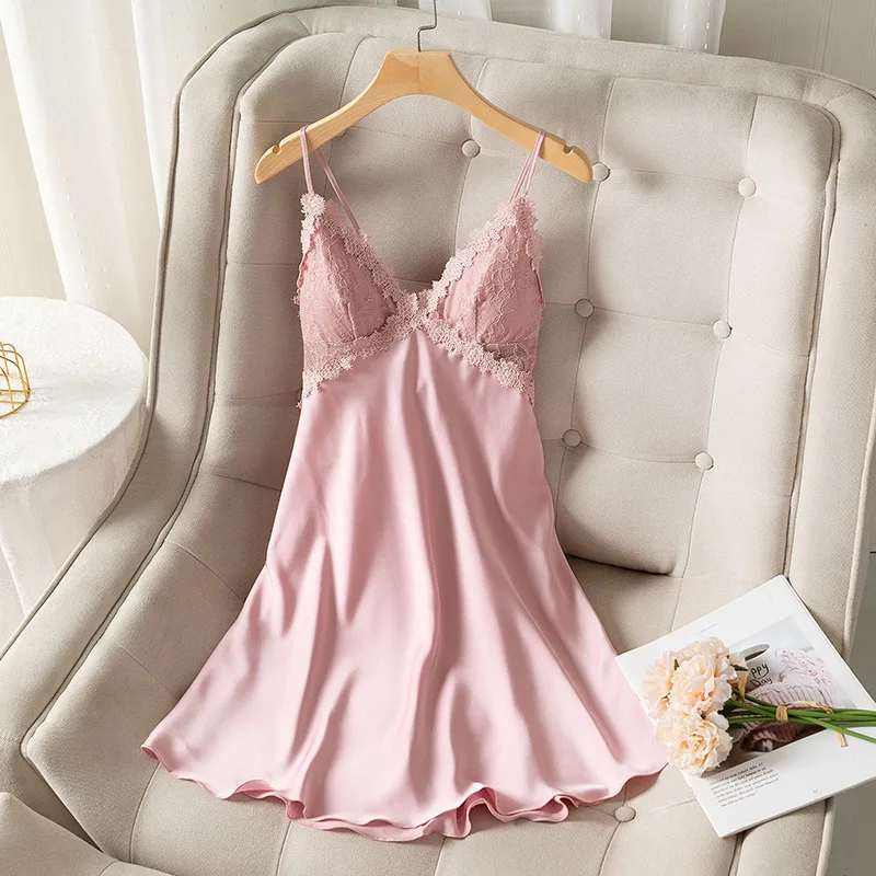 Женская ночная рубашка из искусственного шелка Сексуальная кружевная с