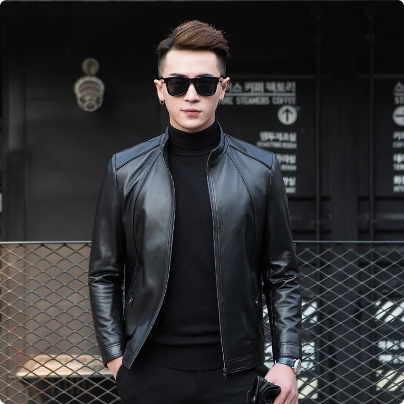 Мужская повседневная мотоциклетная куртка из натуральной овечьей кожи пальто