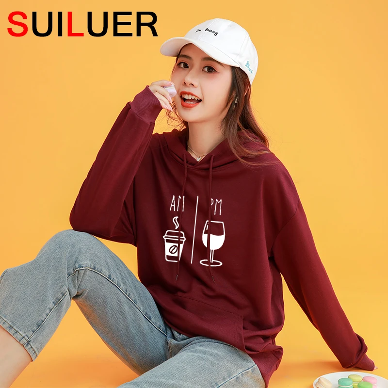 

AM Coffee PM Wine Print Women 100% Cotton Hoodies Loose Women Sweatshirts Ladies Pullovers Tops Clothes Camisetas Mujer Hoody