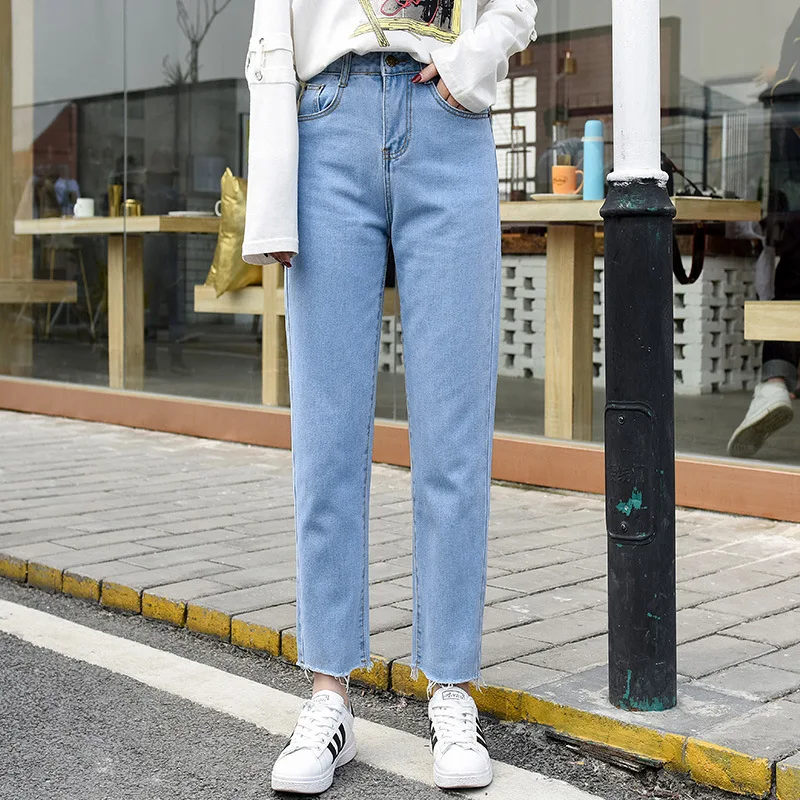 

Jeans Women Ankle-length Hole All Match High Waist Womens Korean Style Comfortable Students Simple Denim Plus Size Trousers Chic