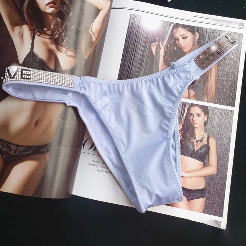 

Uefezo Letter Rhinestone Sexy Underwear Fitness Sports Hip Lifting Satin Panties Thong Low Waist Briefs Tanga Lingerie
