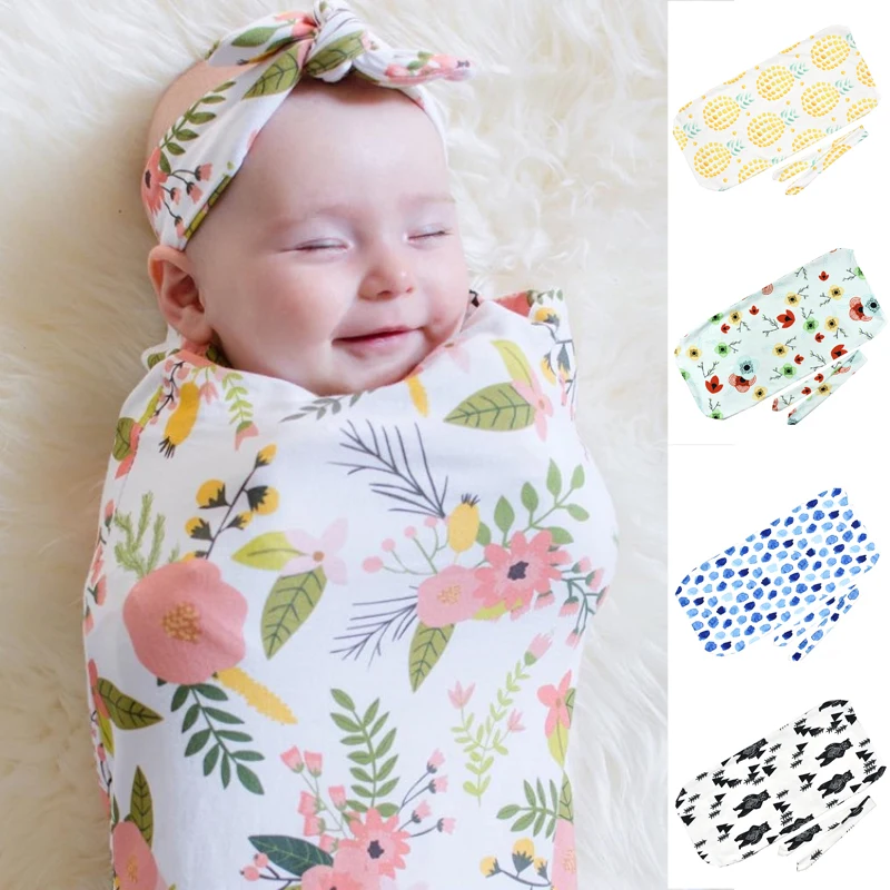 

2 Pcs/set Baby Sleeping Newborn Printing Cute Sleepsack+Headband Receiving Blankets Toddler Infant Swaddle Wrap Baby Lying Bag