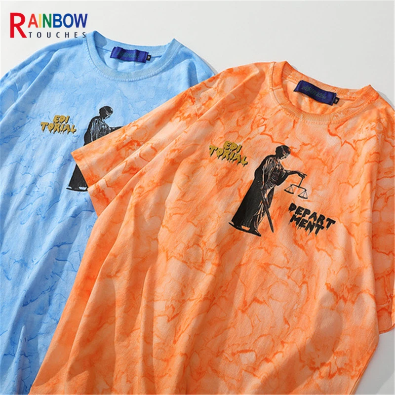 

Rainbowtouches Short Sleeve Men's Hip Hop Fashion Brand High Street Tie Dye Printing Loose Casual Couple Shirt T-Shirt For Men
