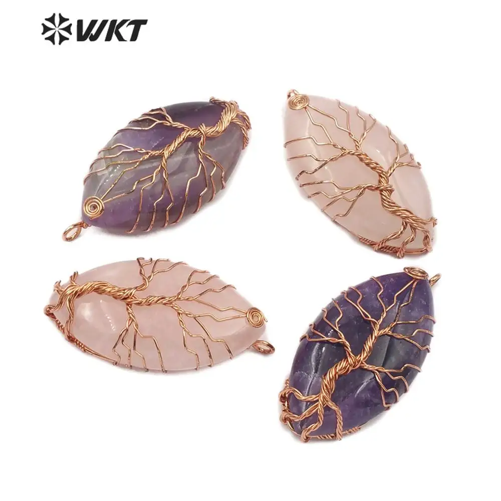 

WT-P1460 кулон из натурального камня фиолетовый/розовый цвет розовый камень с латунным цветом Дерево жизни провода обернуть капля, мода кулон