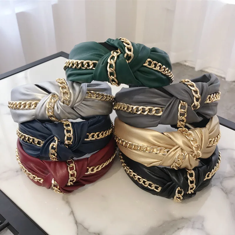 

Synthetic Leather Metal Chain Headbands For Women Knot Headband Punk Hair Accessories Hair Band Flower PU Hairbands Head Wrap