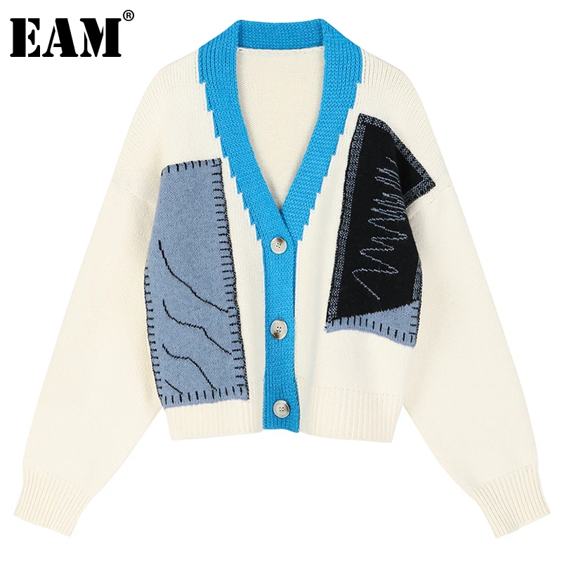 

[EAM] абрикосовый вязаный кардиган большого размера, свитер, свободный крой, v-образный вырез, длинный рукав, Женская Новая мода, Осень-зима 2021, ...