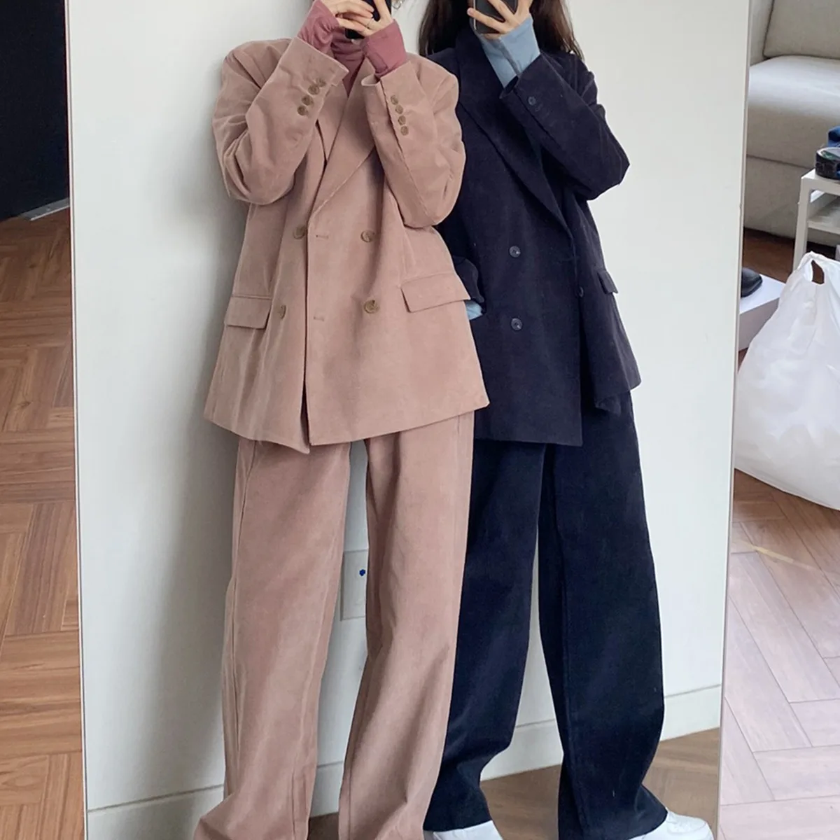 

Women's Office Suit Vintage Double Breasted Corduray Blazer and Straight Pants Two Pieces Set For Ladies