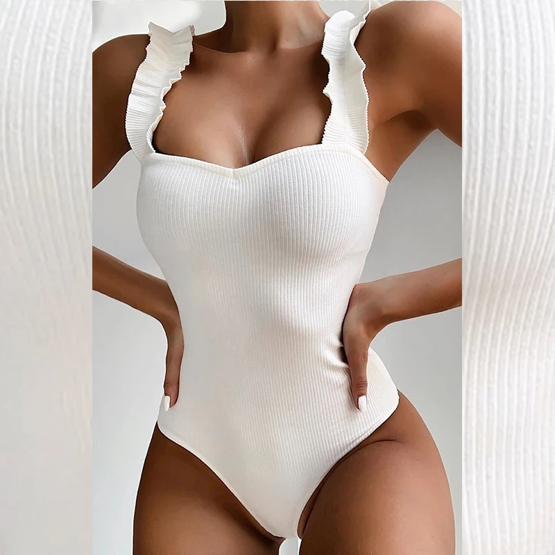 2022 New Sexy Neon Green Ribbed Swimwear One Piece Swimsuit Women Ruffled Monokini Female Thong Bathing Suit Swim Bodysuit