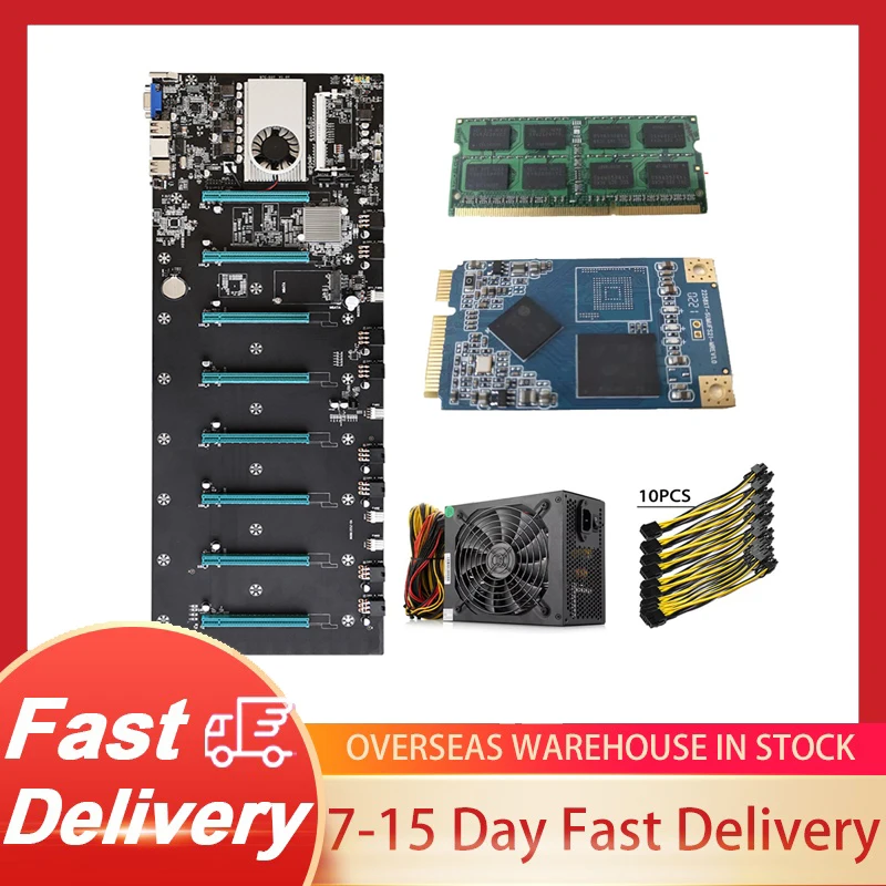 

BTC-S37 Riserless Mining Motherboard 8 GPU Bitcoin Etherum Mining Set W/8GB DDR3 1600MHz RAM 1037U 128GB mSATA SSD Power Cable