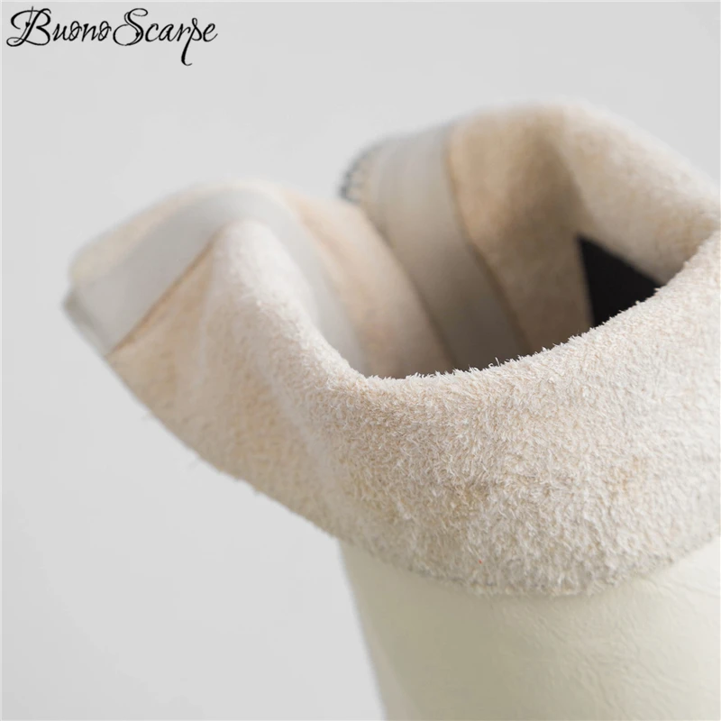 

Buono Scarpe Genuine Leather Pleated Fashion Boots Brand Designed Zipper Boots Chunky Botas Fenimina Leather Shoes Zapatos Mujer