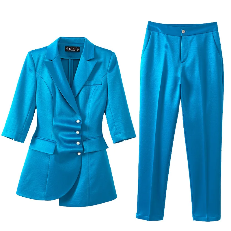 

Summer Autumn Black White Apricot Pants Suits Women Office Ladies Half Sleeve Blazer Suit Formal 2 Piece Sets Business Outfits