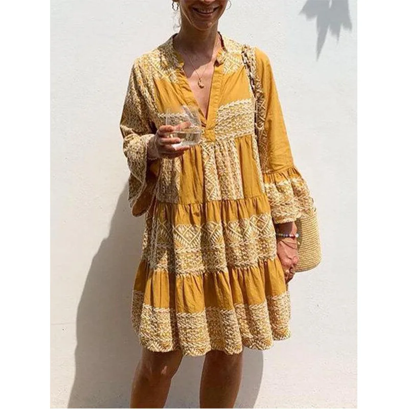 

Linglewei New Spring and Summer Women's Dress V-neck loose Long Sleeve Dress