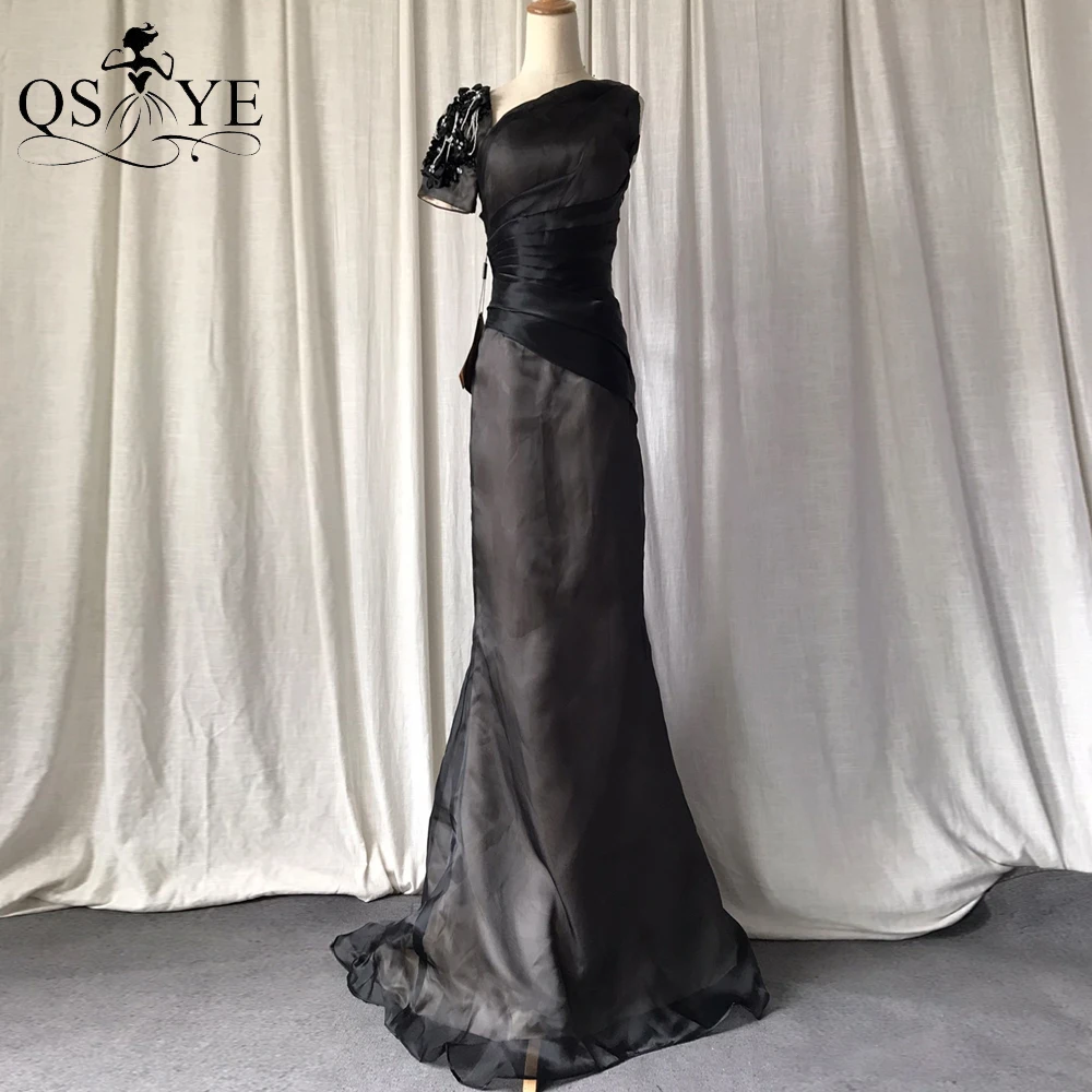 

One Shoulder Mother of the Bride Dress Mermaid Black Evening Dress Cap Sleeves Mom Prom Dress Flower Beads Vestido Ruched