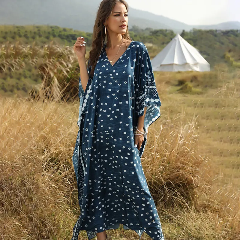 

Ladies Muslim Dot Summer Dress Women Batwing Sleeve Loose V Neck Streetwear Print Long Dress 2021 New