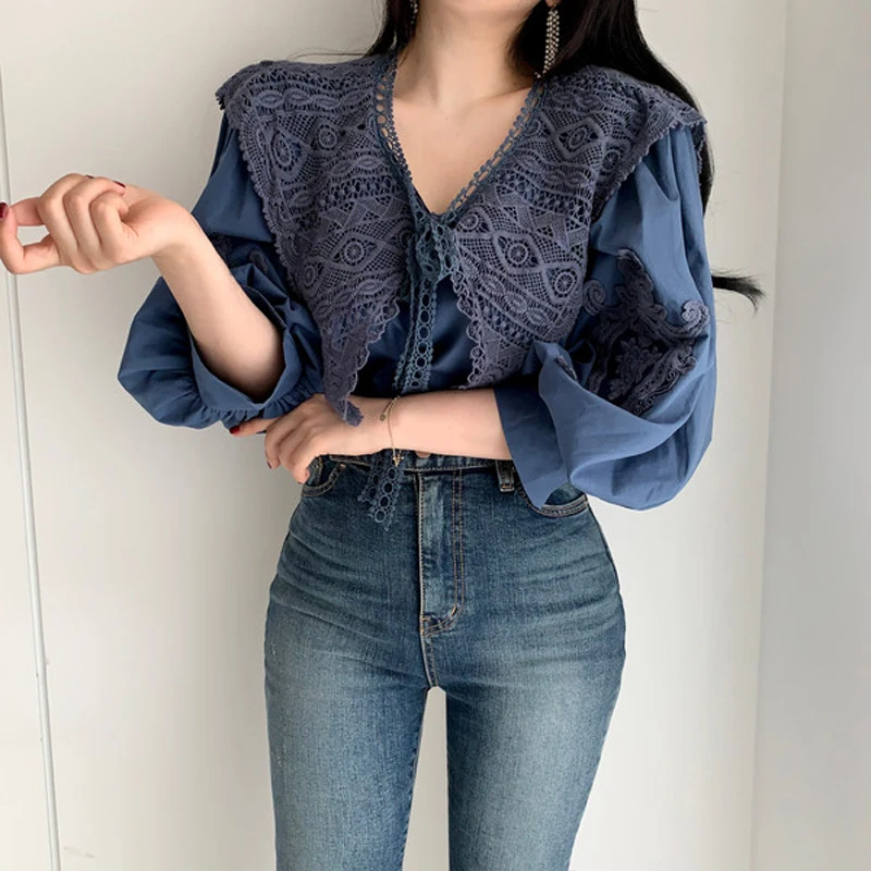 Женская кружевная блузка Элегантная с V-образным вырезом и пышными рукавами