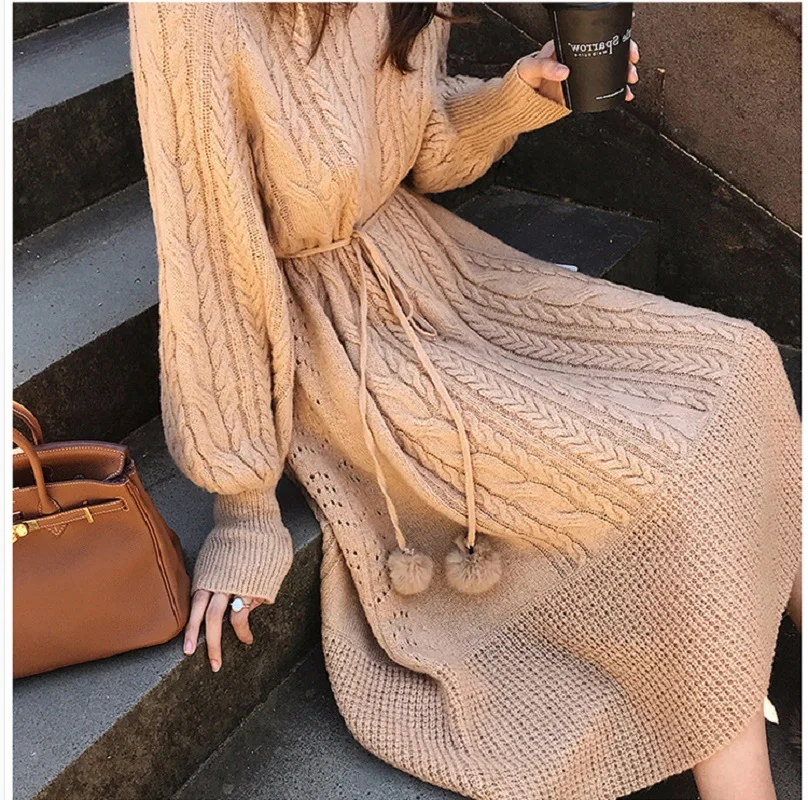 

New Vintage Warm Autumn Sweater Women Dress Winter Long Sweater Knitted Dresses loose Maxi Oversize Dresses Long Robe