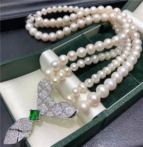

HABITOO 2 Row 7-9mm White Freshwater Pearl Necklace Cublic Zircon Pendant 17-18inches Stunning Fine Jewelry for Women Daily Wear