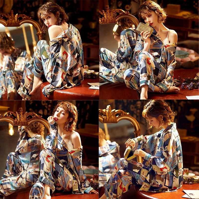 

Two-piece Suit ice Silk Pajamas Women Long-Sleeved Thin Silk Contrast Color Trend Personality Home Suit Women Pajamas