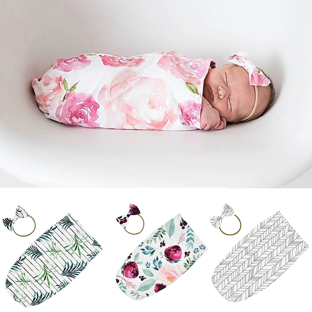 

Boy Girl Toddler Infant Soft Swaddle 0 To 2 Month Newborn Wrap Bow Headband Sleeping Bag Photography Props Baby Sleep Sack Set