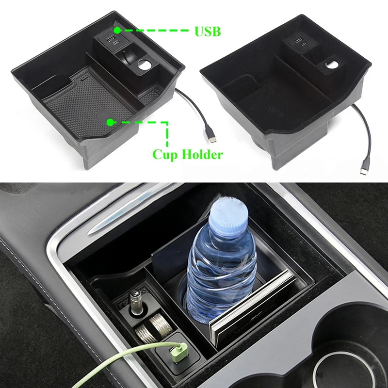 

for Tesla Model 3 Y 2021 Central Armrest Storage Box with USB Charging Port and Press Type Cup Holder