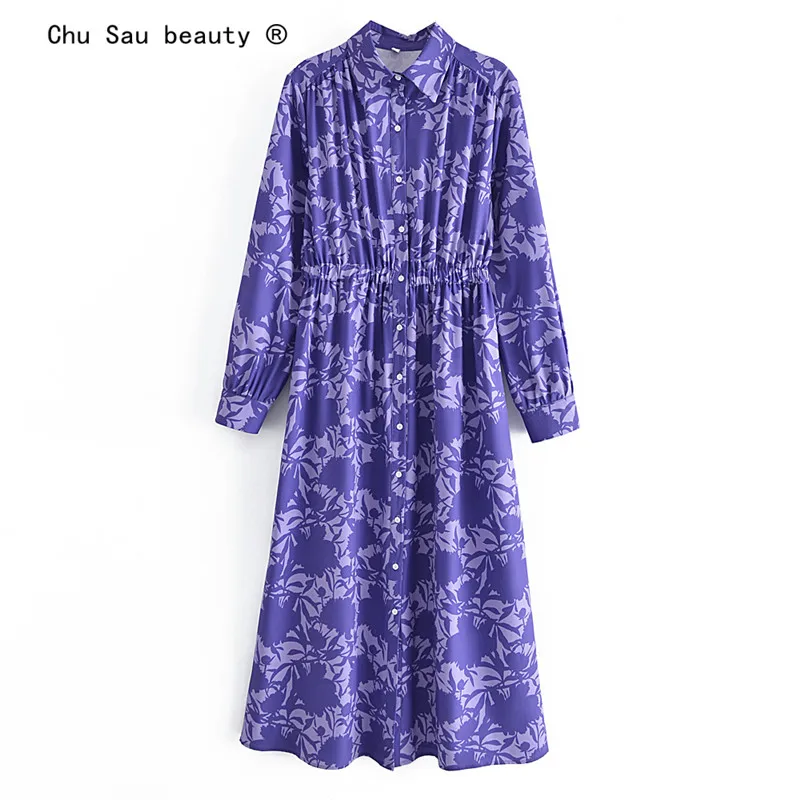 

Женское винтажное однобортное платье средней длины, длинное платье во французском стиле с длинными рукавами, лацканами и принтом в виде кле...