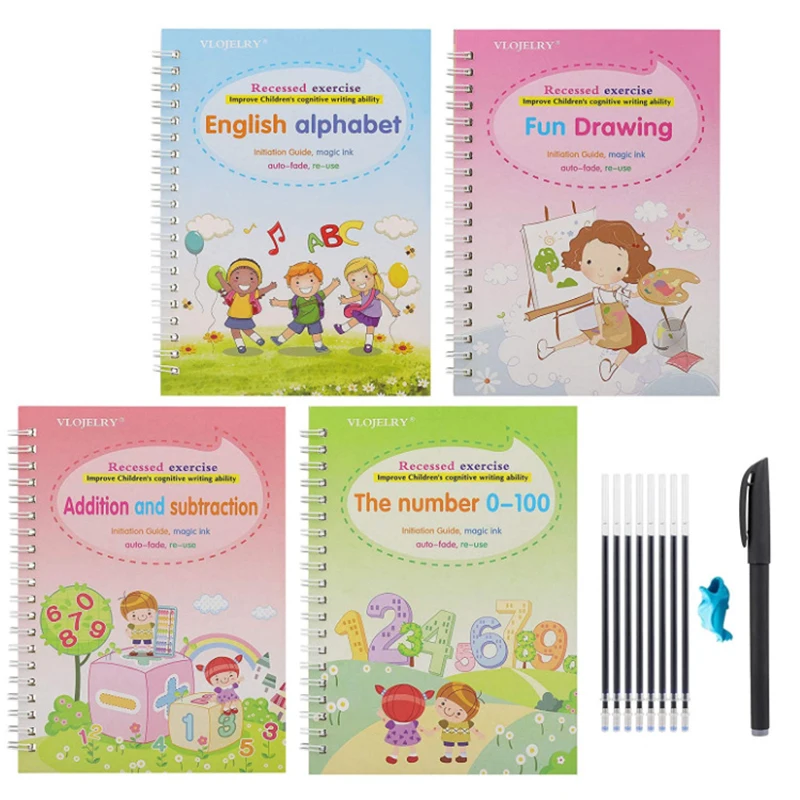 

4 Books/Sets of Children's Magic Books, Reusable 3D Calligraphy Copybooks, English Number Lettering Magic Practice Copybooks