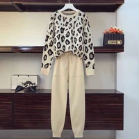 spring autumn leopard two pieces knitting pant set for women vintage o neck sweater pullover top harem pants knitted tracksuit