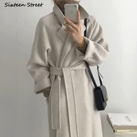 new vintage belted wool coat woman thicken gray chic long jacket female winter autumn korean fashion woolen blends clothing
